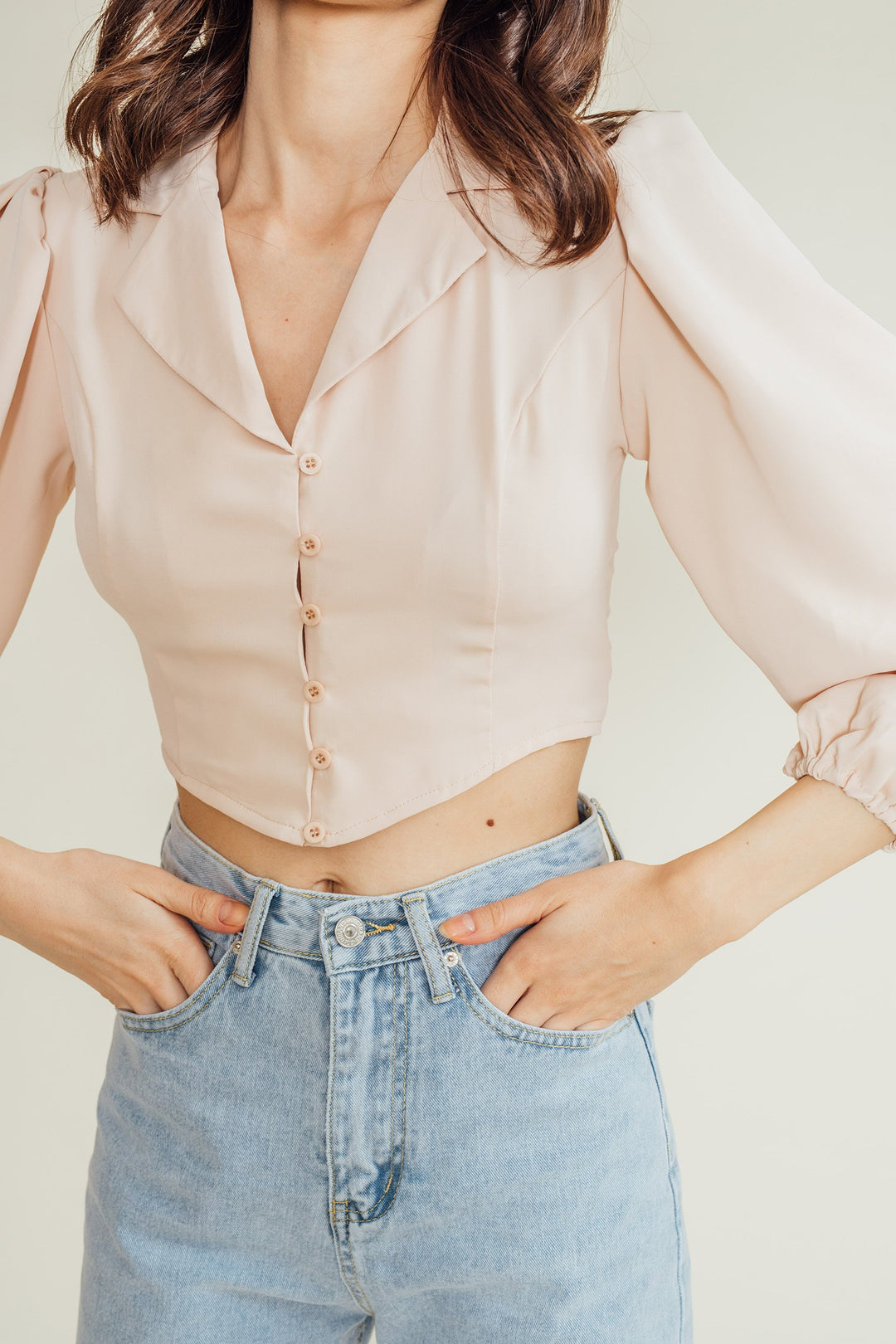 Justine Beige Notched Collar V Neck Buttondown Long Sleeves Top