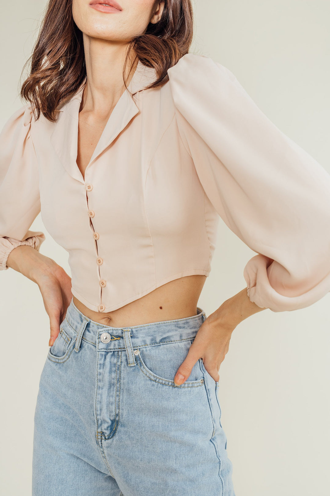 Justine Beige Notched Collar V Neck Buttondown Long Sleeves Top