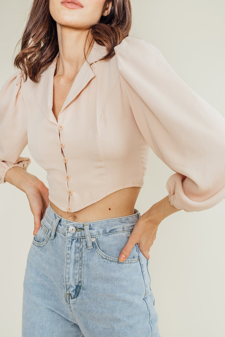 Justine Beige Notched Collar V Neck Buttondown Long Sleeves Top