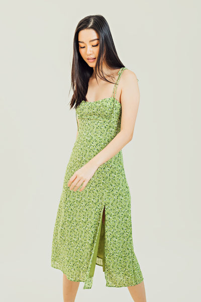 Coco Green Floral All Over Print Self Tie Midi Dress