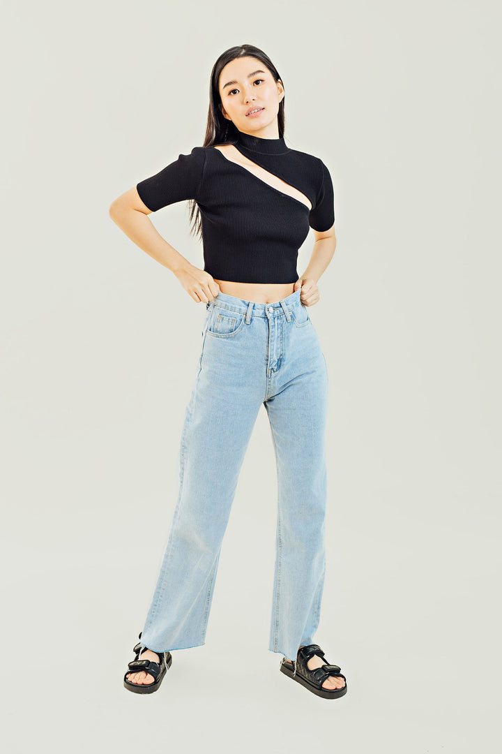 Ginny Black Knitted Turtle Neck Short Sleeves Shoulder Cut Crop Top