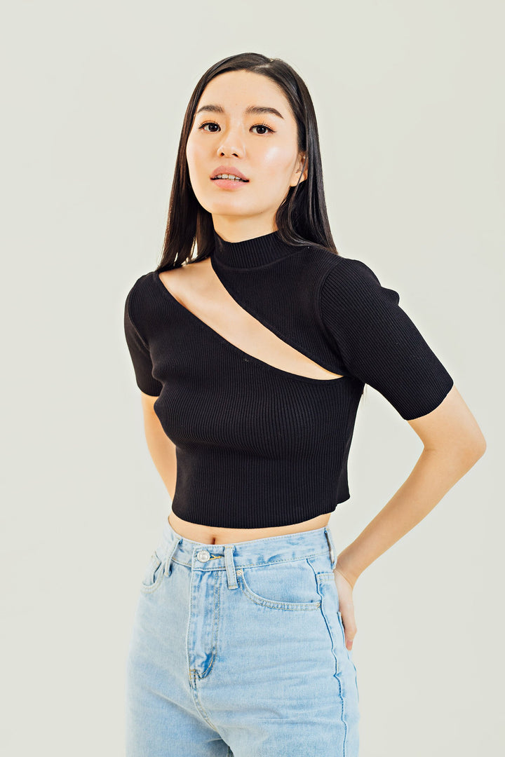 Ginny Black Knitted Turtle Neck Short Sleeves Shoulder Cut Crop Top