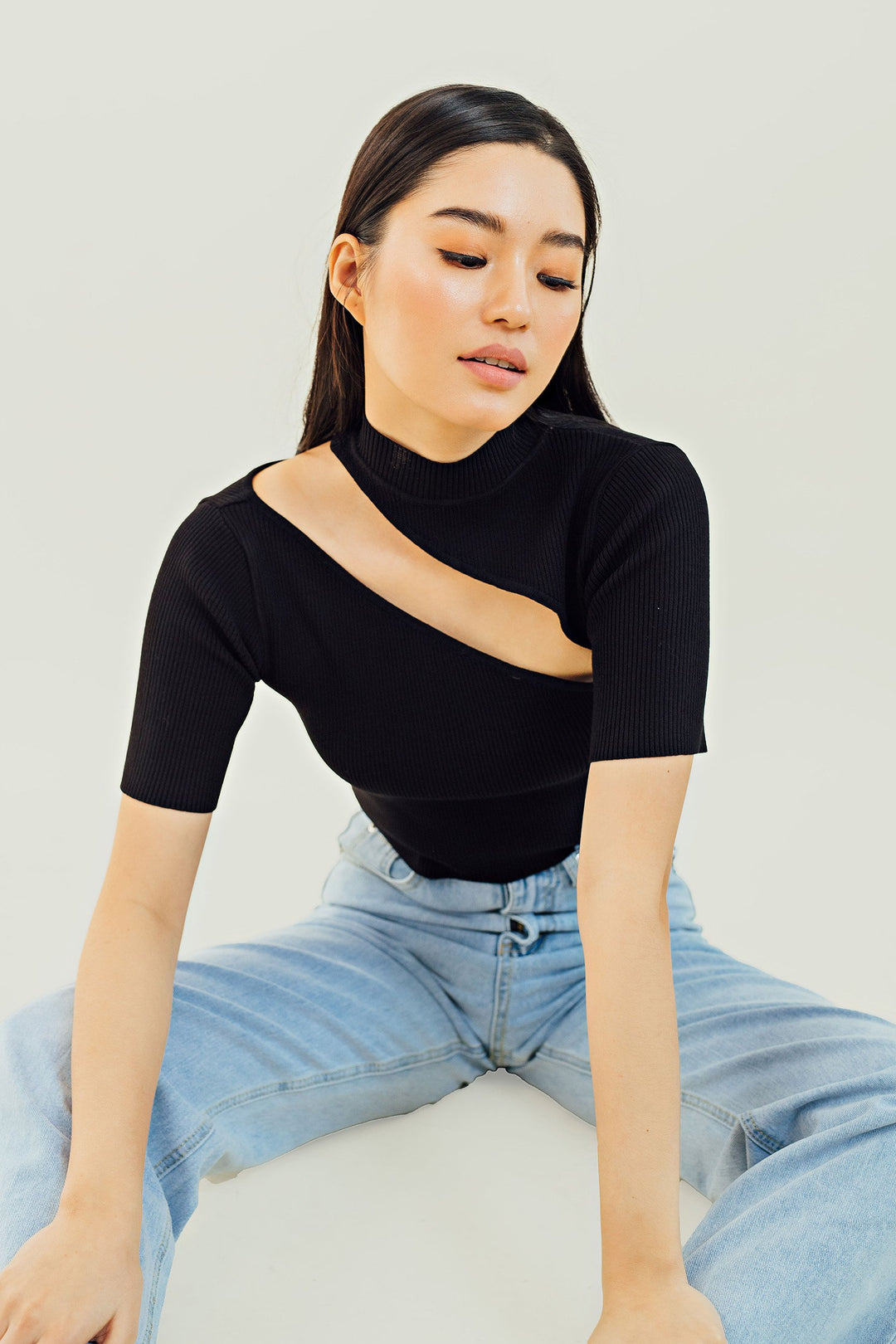 Ginny Black Knitted Turtle Neck Short Sleeves Shoulder Cut Crop Top