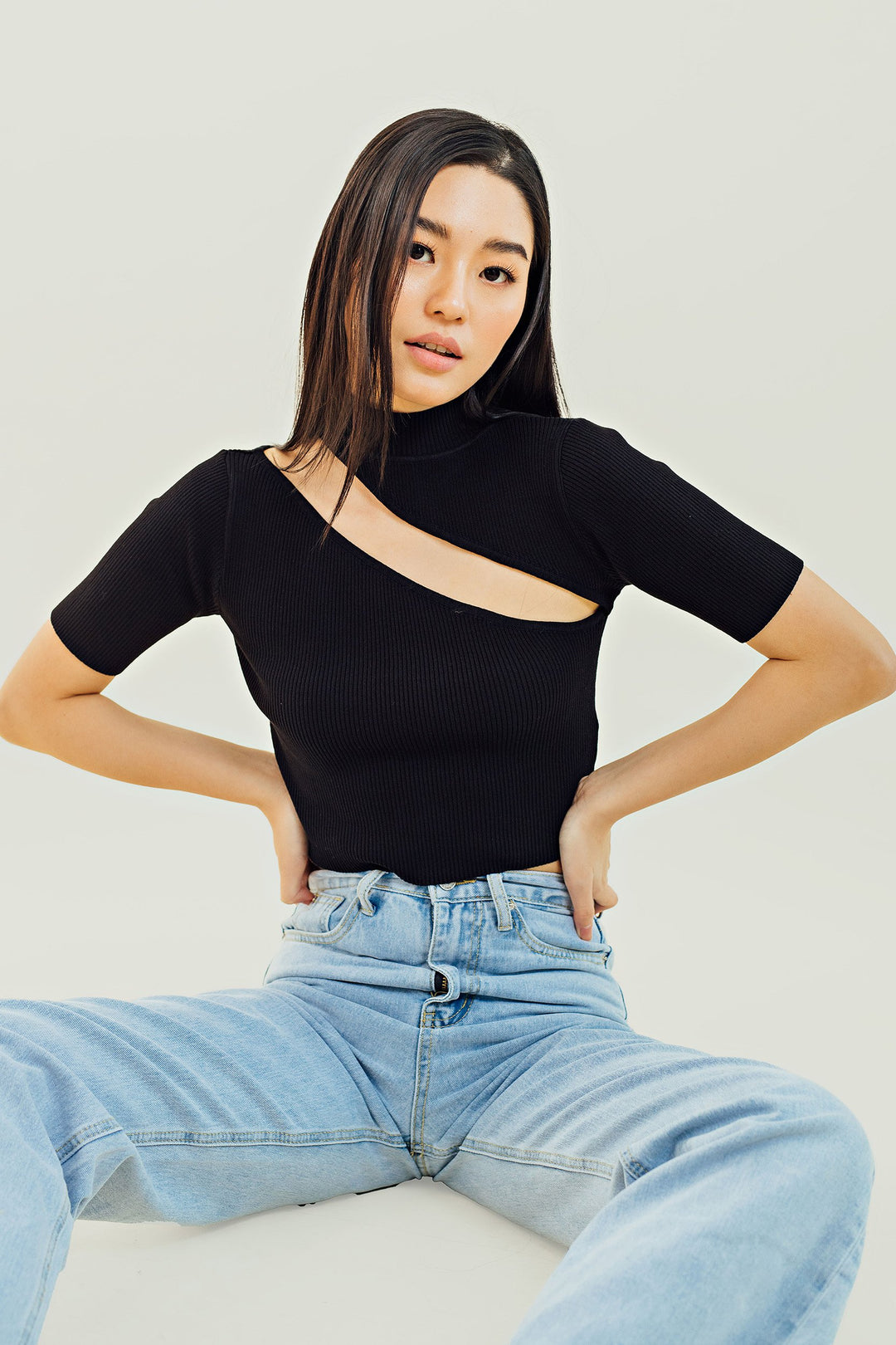 Ginny Black Knitted Turtle Neck Short Sleeves Shoulder Cut Crop Top
