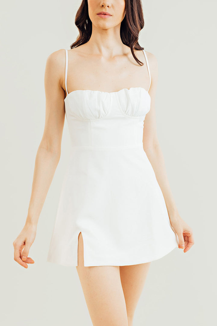Stef White Sleeveless Ruched Bust Mini Dress