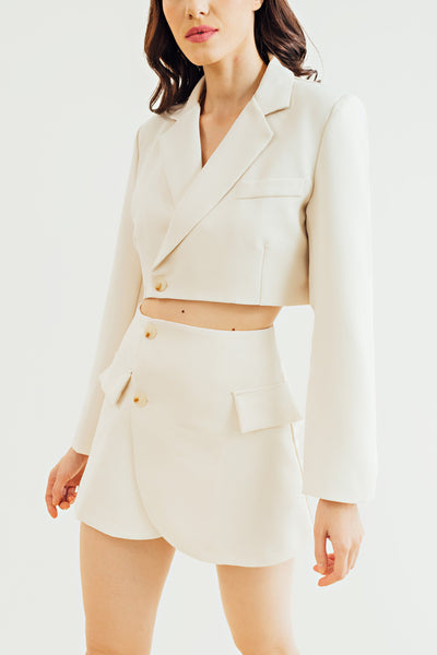(PRE-ORDER: ETA February 25) Leona Cream Cropped Blazer Top with Mini Skirt Set