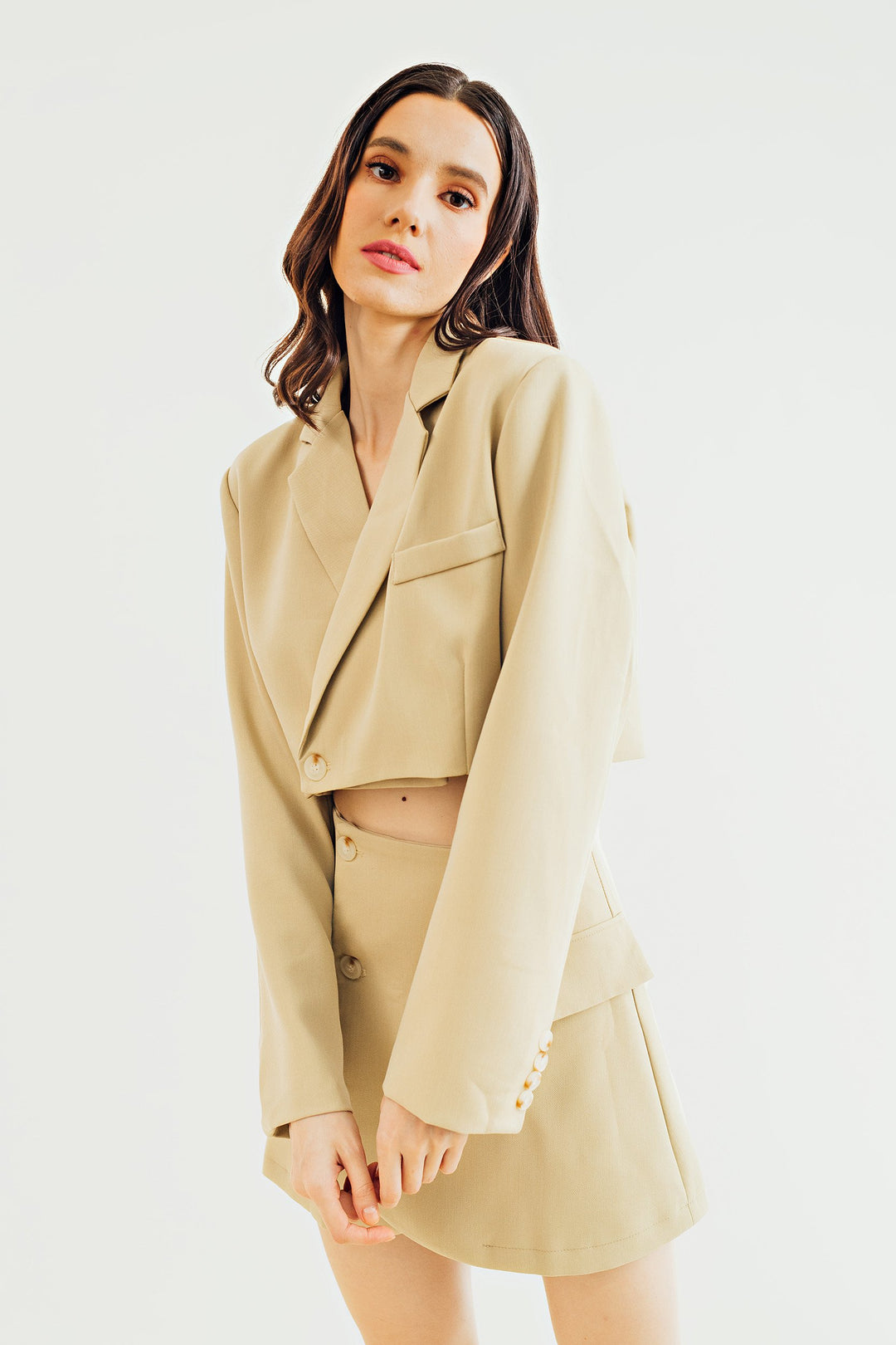 Leona Beige Cropped Blazer Top with Mini Skirt Set