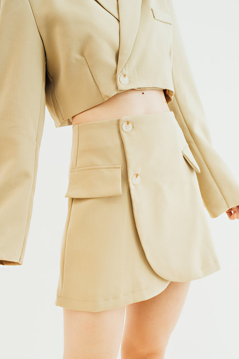 Leona Beige Cropped Blazer Top with Mini Skirt Set