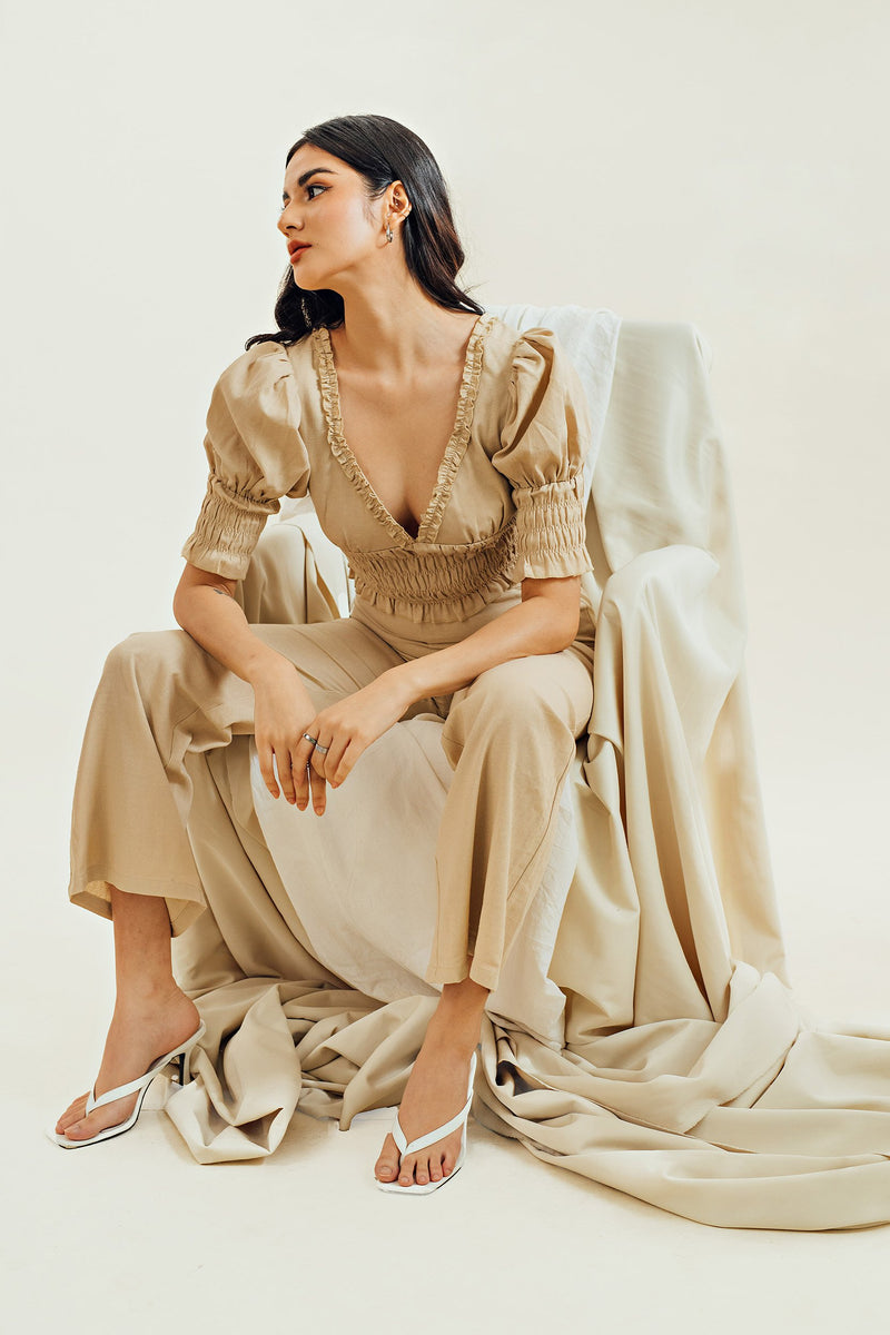 Anika Beige V Neck Ruffles Gartered Puff Sleeves Crop Top