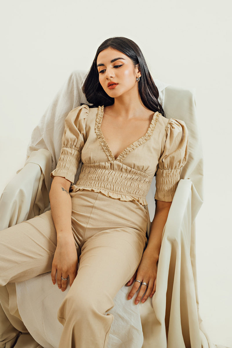 Anika Beige V Neck Ruffles Gartered Puff Sleeves Crop Top