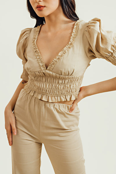 Anika Beige V Neck Ruffles Gartered Puff Sleeves Crop Top