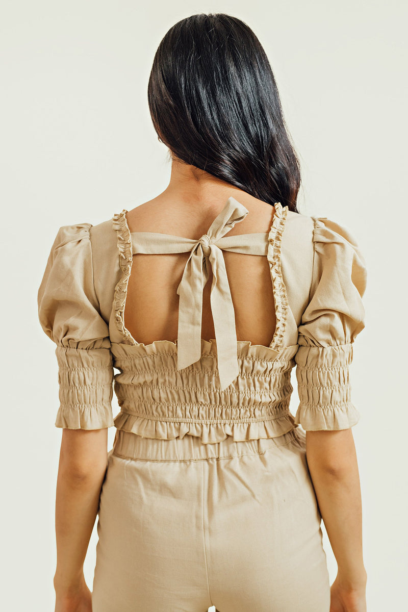 Anika Beige V Neck Ruffles Gartered Puff Sleeves Crop Top