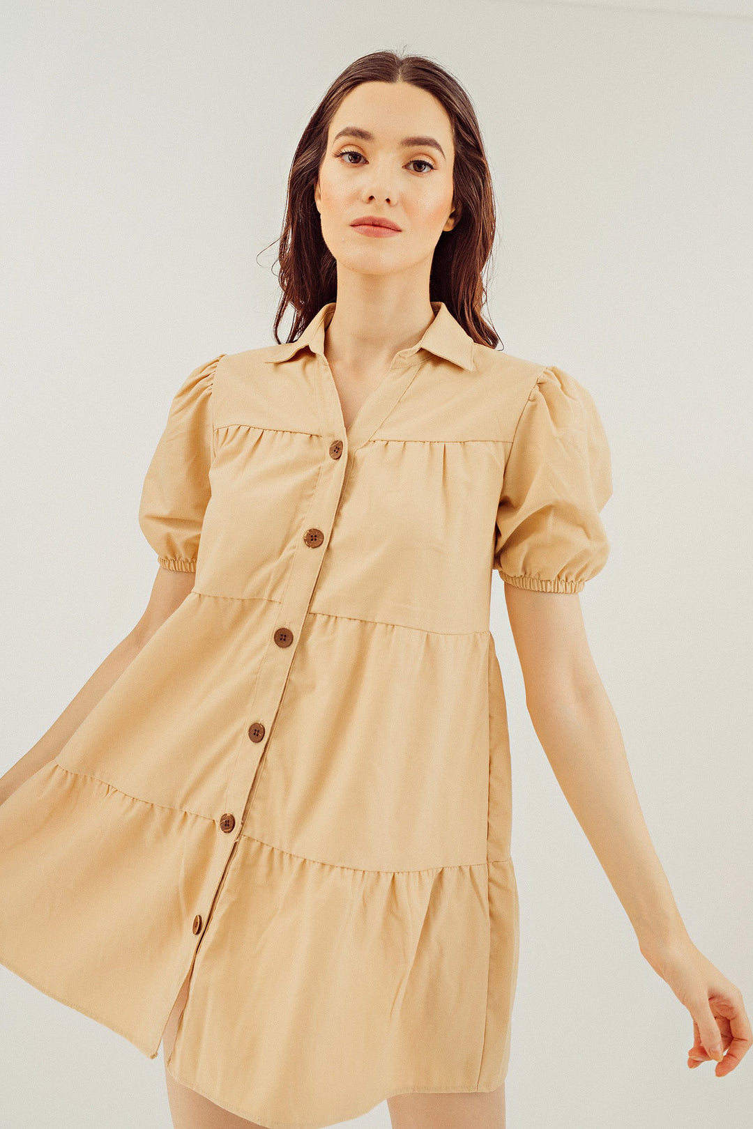 Adaline Beige Puff Sleeve Ruffle Layered Linen Dress