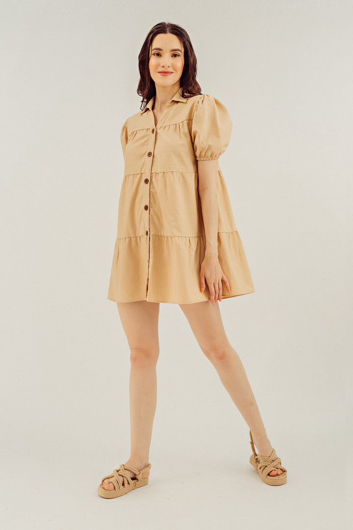 Adaline Beige Puff Sleeve Ruffle Layered Linen Dress