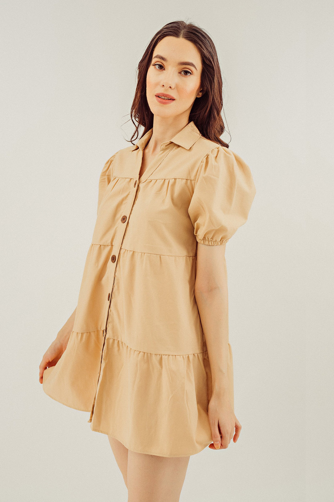 Adaline Beige Puff Sleeve Ruffle Layered Linen Dress