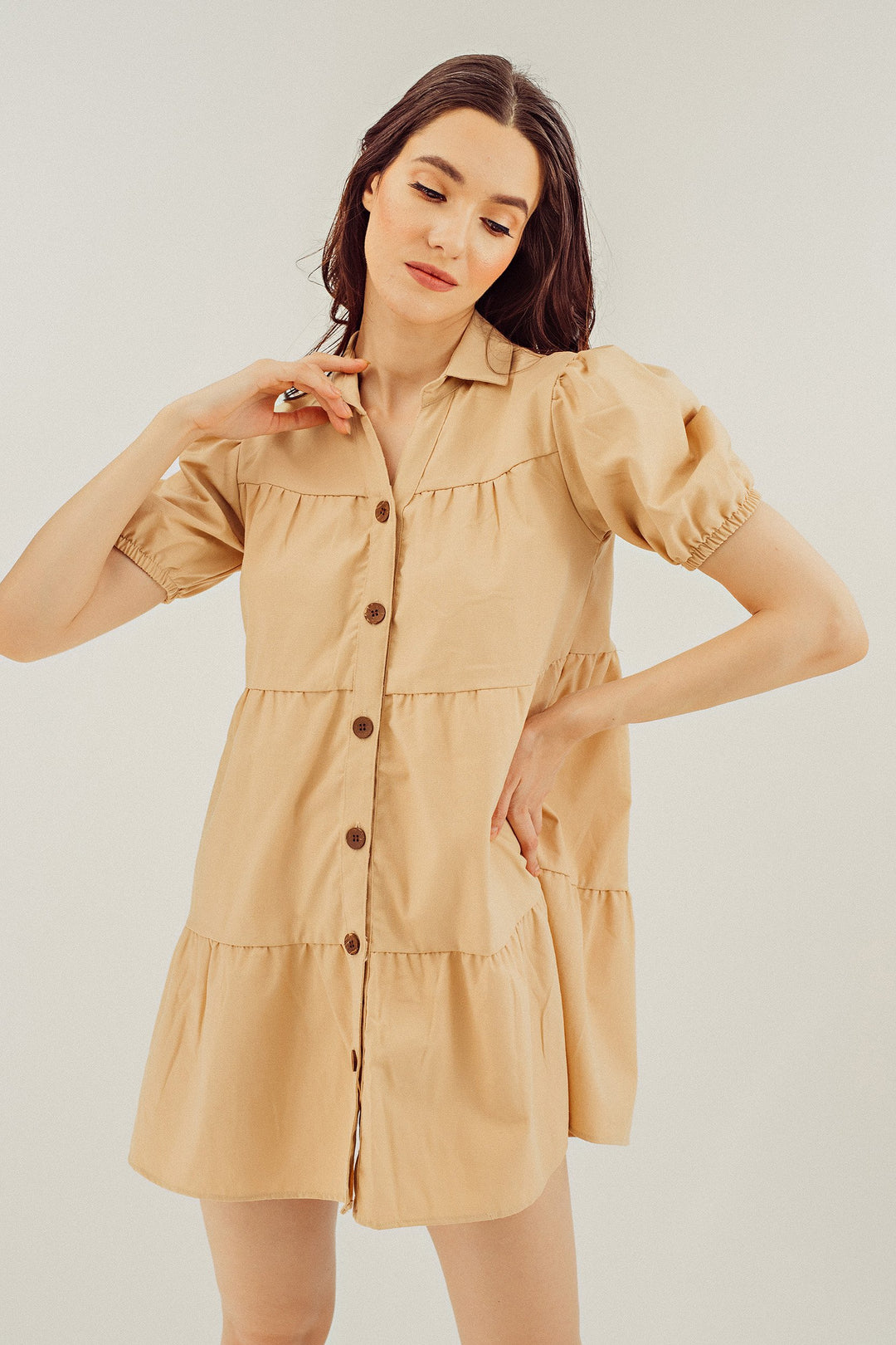 Adaline Beige Puff Sleeve Ruffle Layered Linen Dress