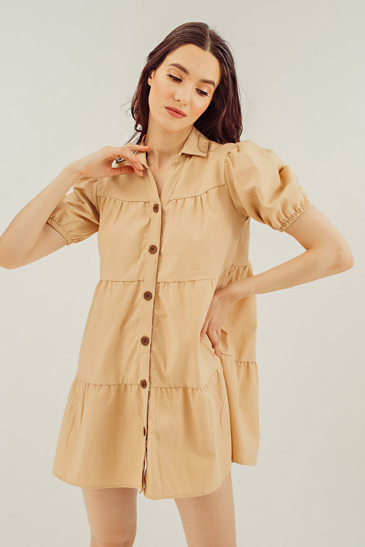 Adaline Beige Puff Sleeve Ruffle Layered Linen Dress