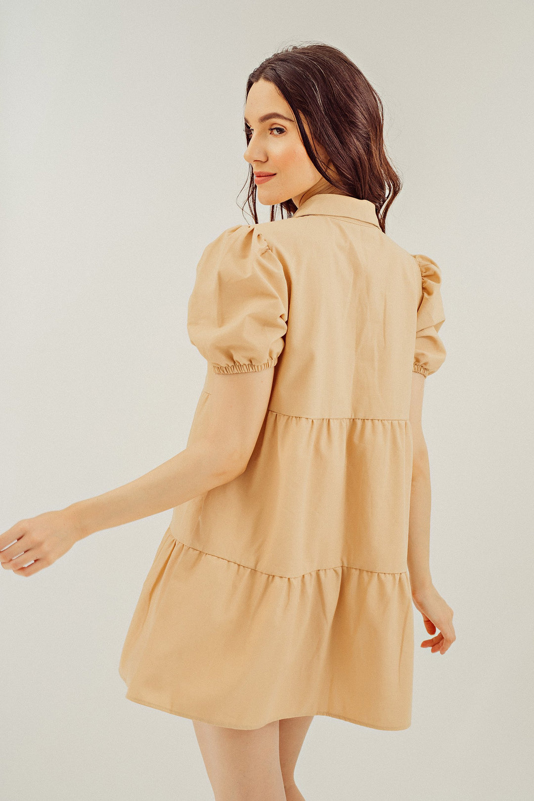 Adaline Beige Puff Sleeve Ruffle Layered Linen Dress