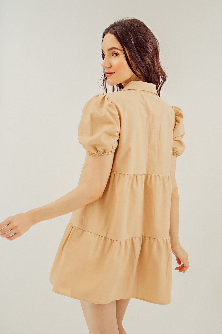 Adaline Beige Puff Sleeve Ruffle Layered Linen Dress