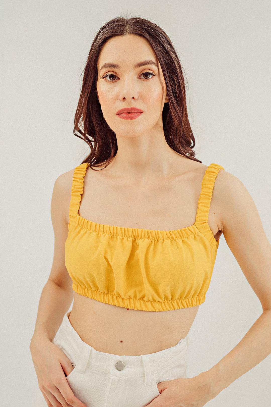 Jamicah Spaghetti Strapped Smock Crop Linen Top