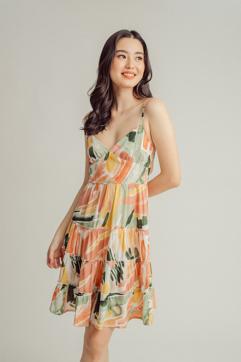 (PRE-ORDER: ETA February 25) Florie Multicolor Print V Neck Sleeveless Layered Mini Dress