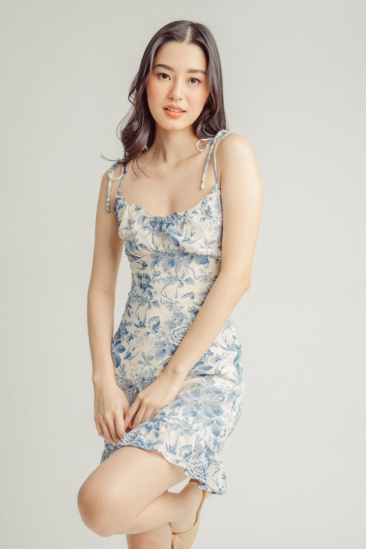 Vera Light Blue Floral Self-Tie All Over Print Ruffle Hem Mini Dress