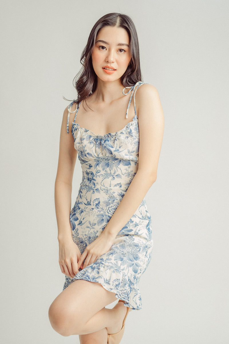 Vera Light Blue Floral Self-Tie All Over Print Ruffle Hem Mini Dress