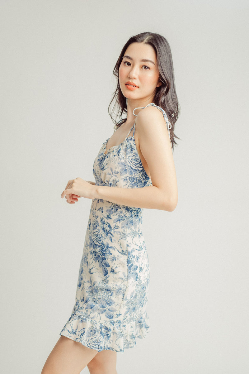 (PRE-ORDER: ETA February 25) Vera Light Blue Floral Self-Tie All Over Print Ruffle Hem Mini Dress