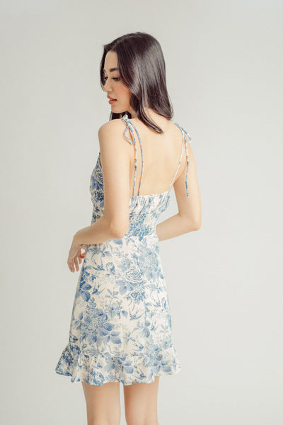 Vera Light Blue Floral Self-Tie All Over Print Ruffle Hem Mini Dress