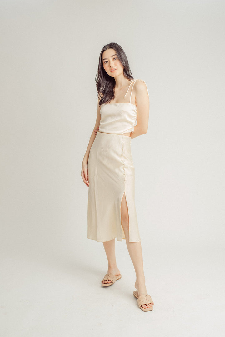 Ainsley Cream Silk Side Buttons Midi Skirt