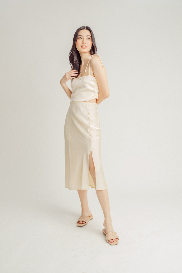 Ainsley Cream Silk Side Buttons Midi Skirt