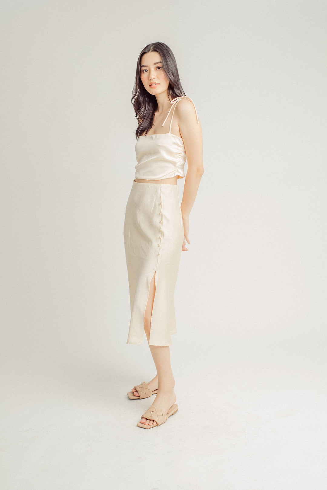 Ainsley Cream Silk Side Buttons Midi Skirt
