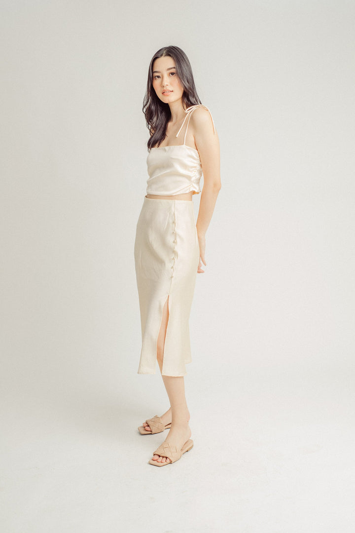 Ainsley Cream Silk Side Buttons Midi Skirt