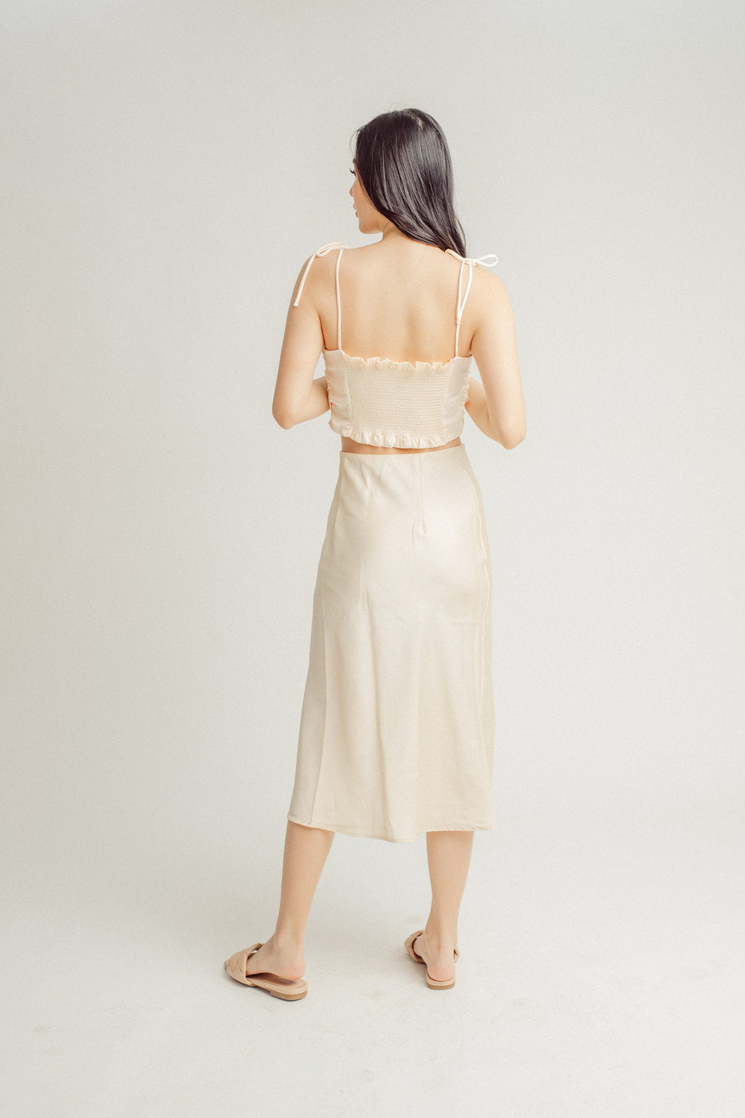 Ainsley Cream Silk Side Buttons Midi Skirt
