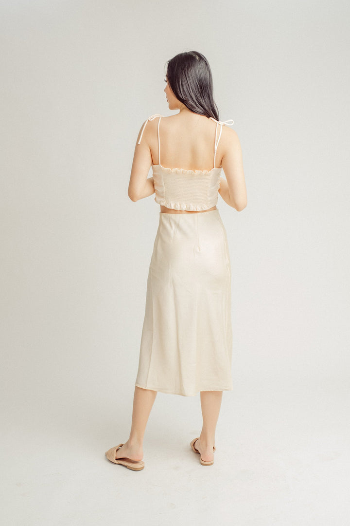 Ainsley Cream Silk Side Buttons Midi Skirt