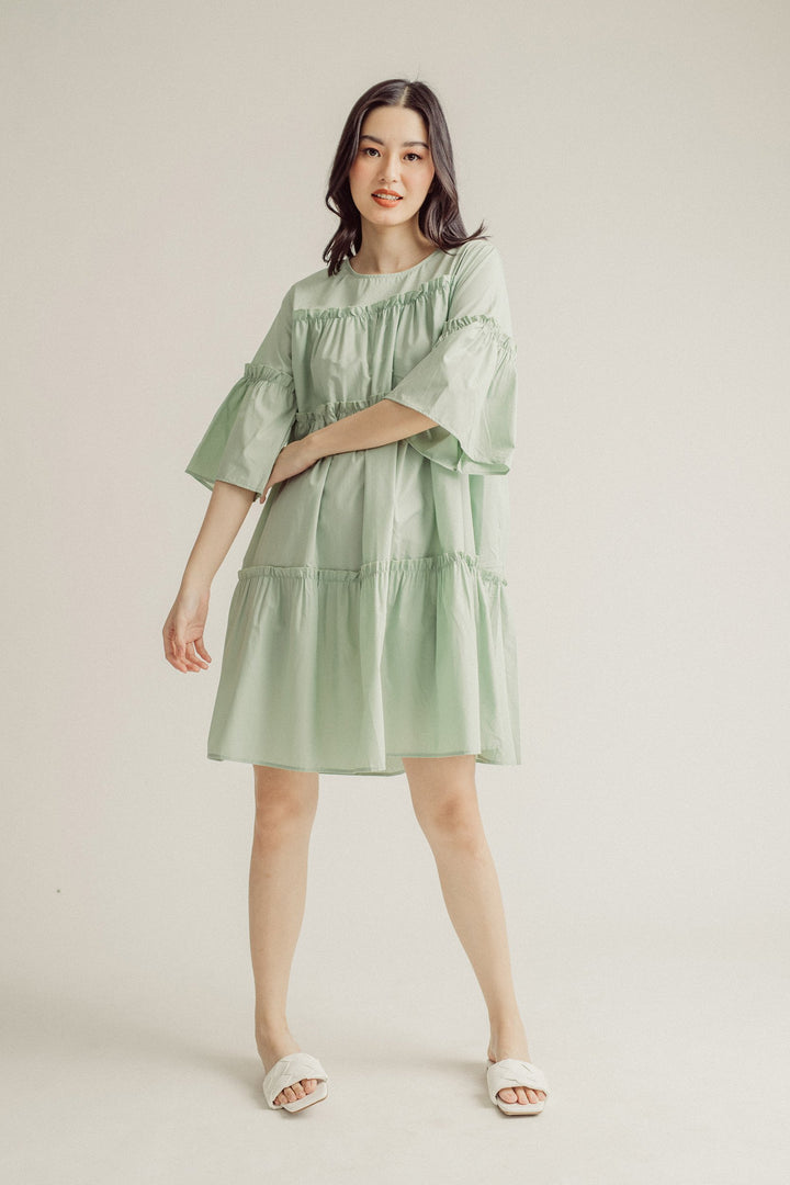 Stormi Sage Round Neck Ruffle Babydoll Mini Dress
