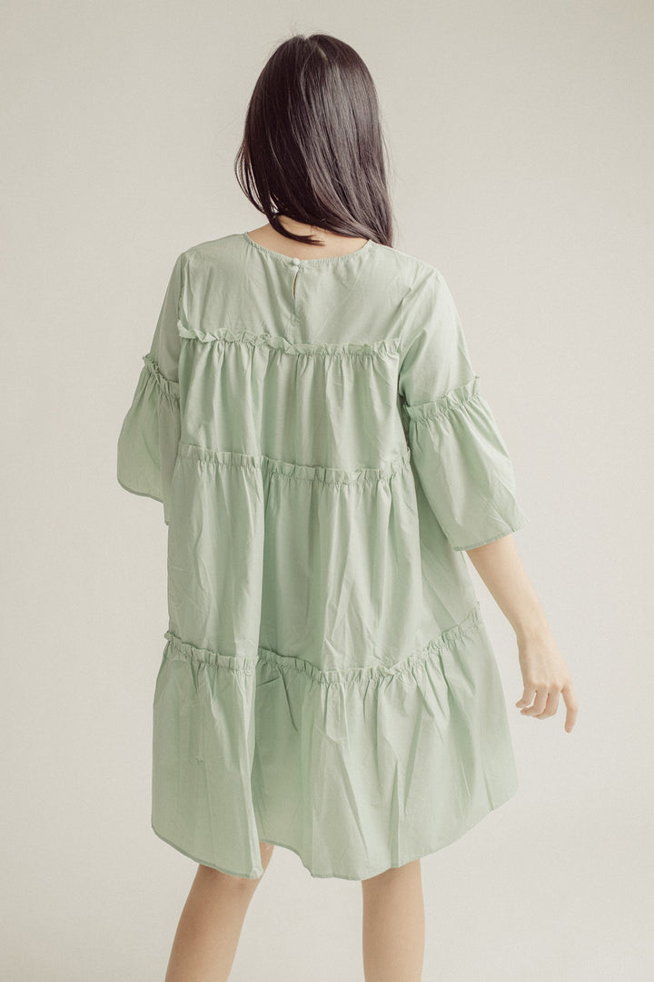 Stormi Sage Round Neck Ruffle Babydoll Mini Dress