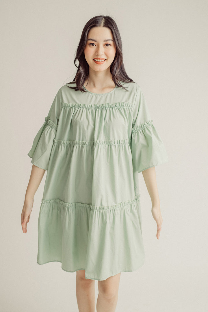 Stormi Sage Round Neck Ruffle Babydoll Mini Dress