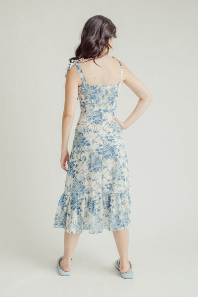 Lilah Light Blue Floral Self-tie All Over Print Ruffle Hem Midi Dress
