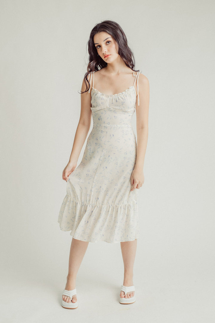 Brooke White with Blue All Over Print Self-Tie Ruffle Hem Midi Dress