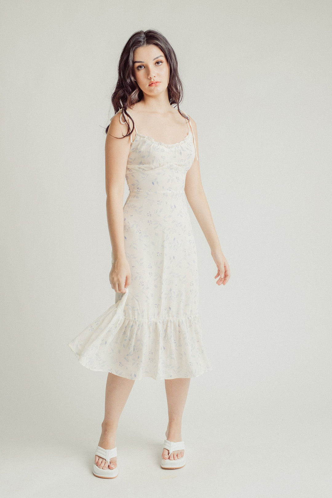 Brooke White with Blue All Over Print Self-Tie Ruffle Hem Midi Dress