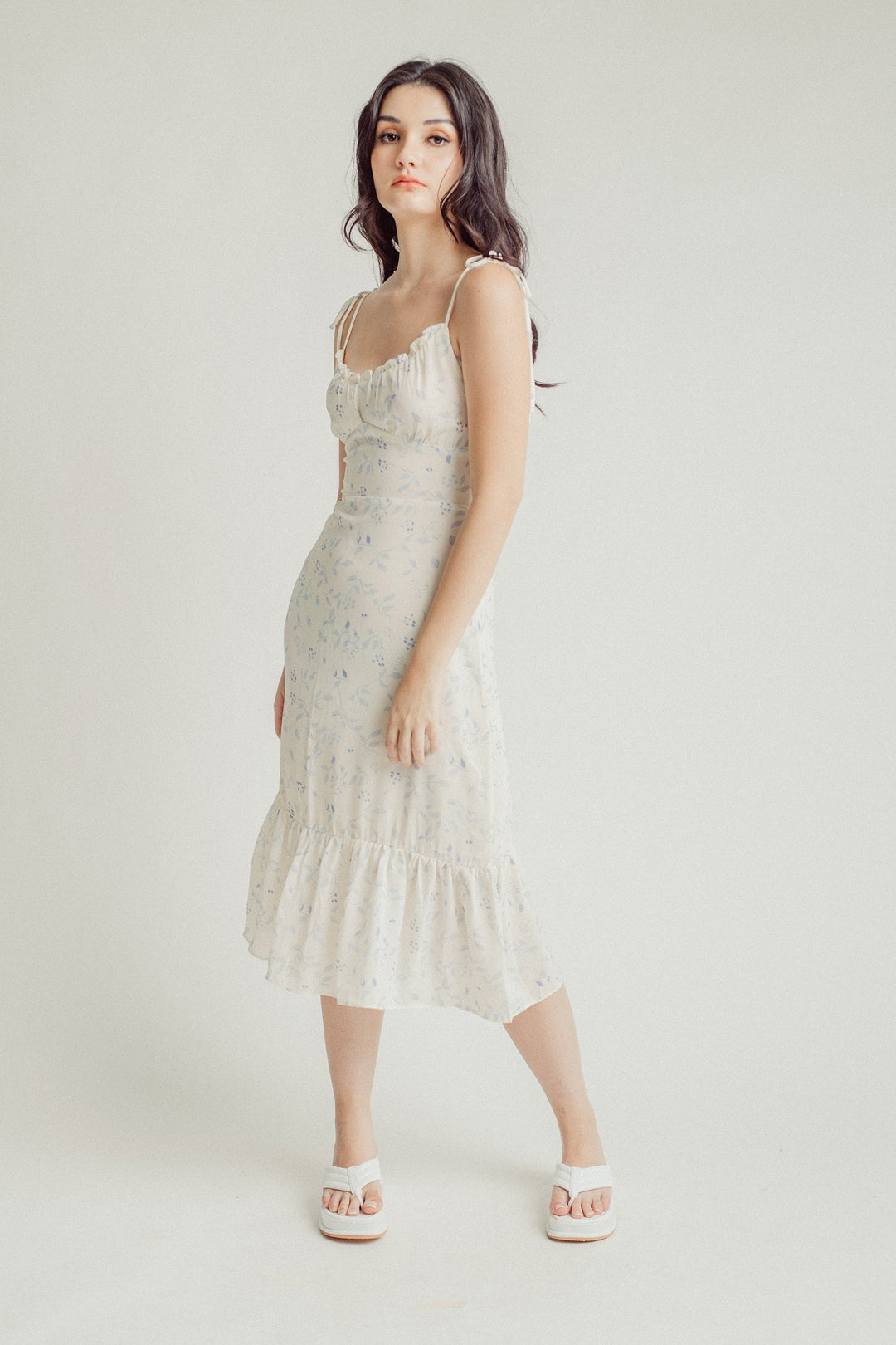 Brooke White with Blue All Over Print Self-Tie Ruffle Hem Midi Dress