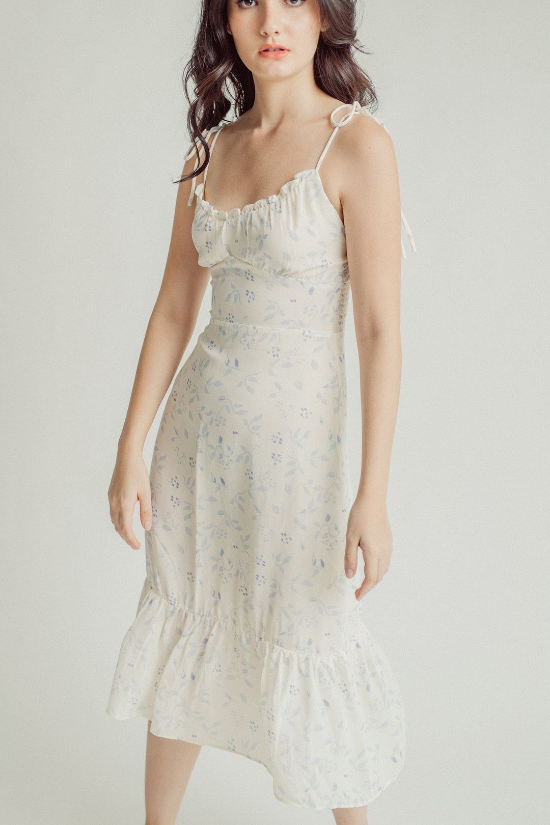 Brooke White with Blue All Over Print Self-Tie Ruffle Hem Midi Dress