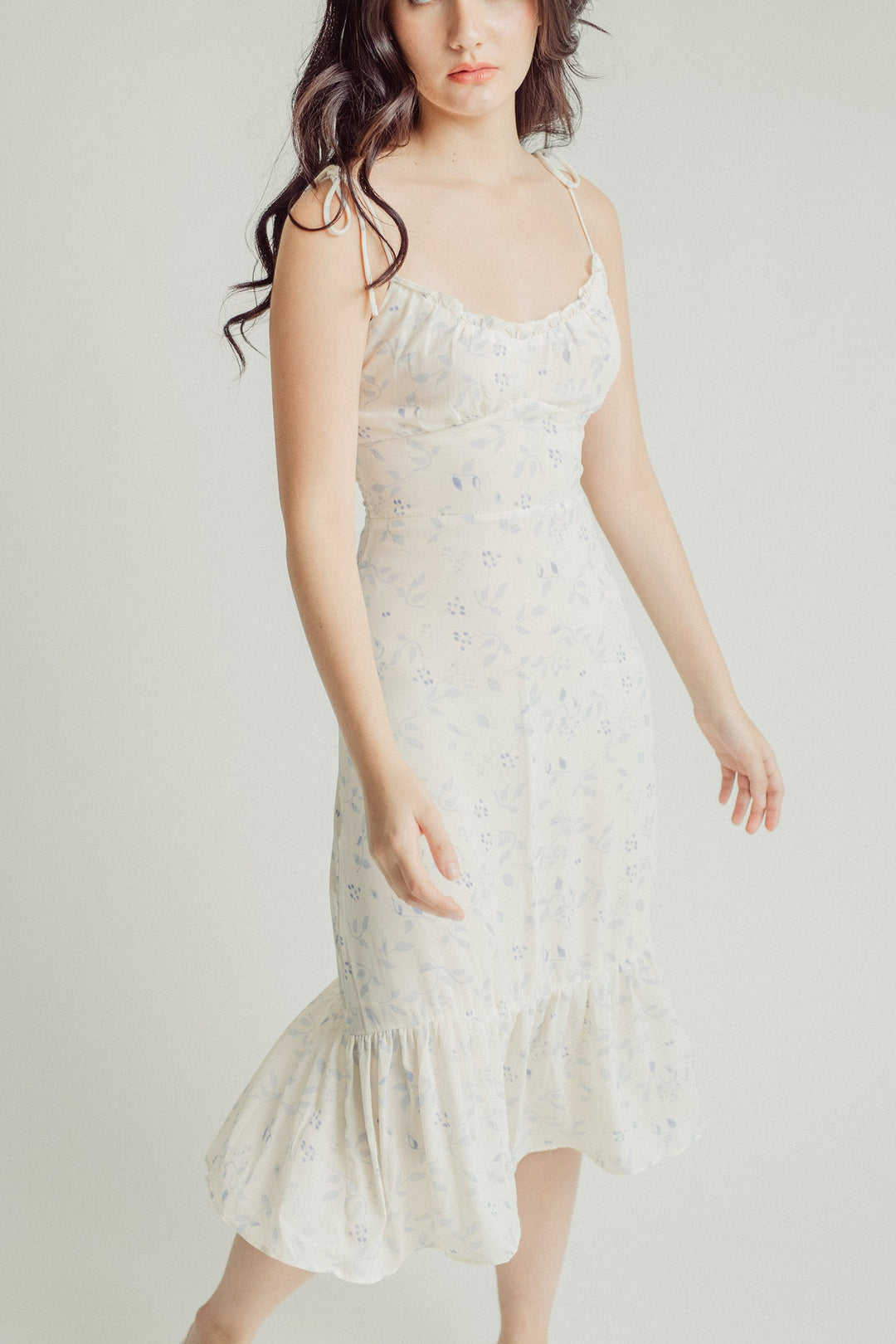 Brooke White with Blue All Over Print Self-Tie Ruffle Hem Midi Dress