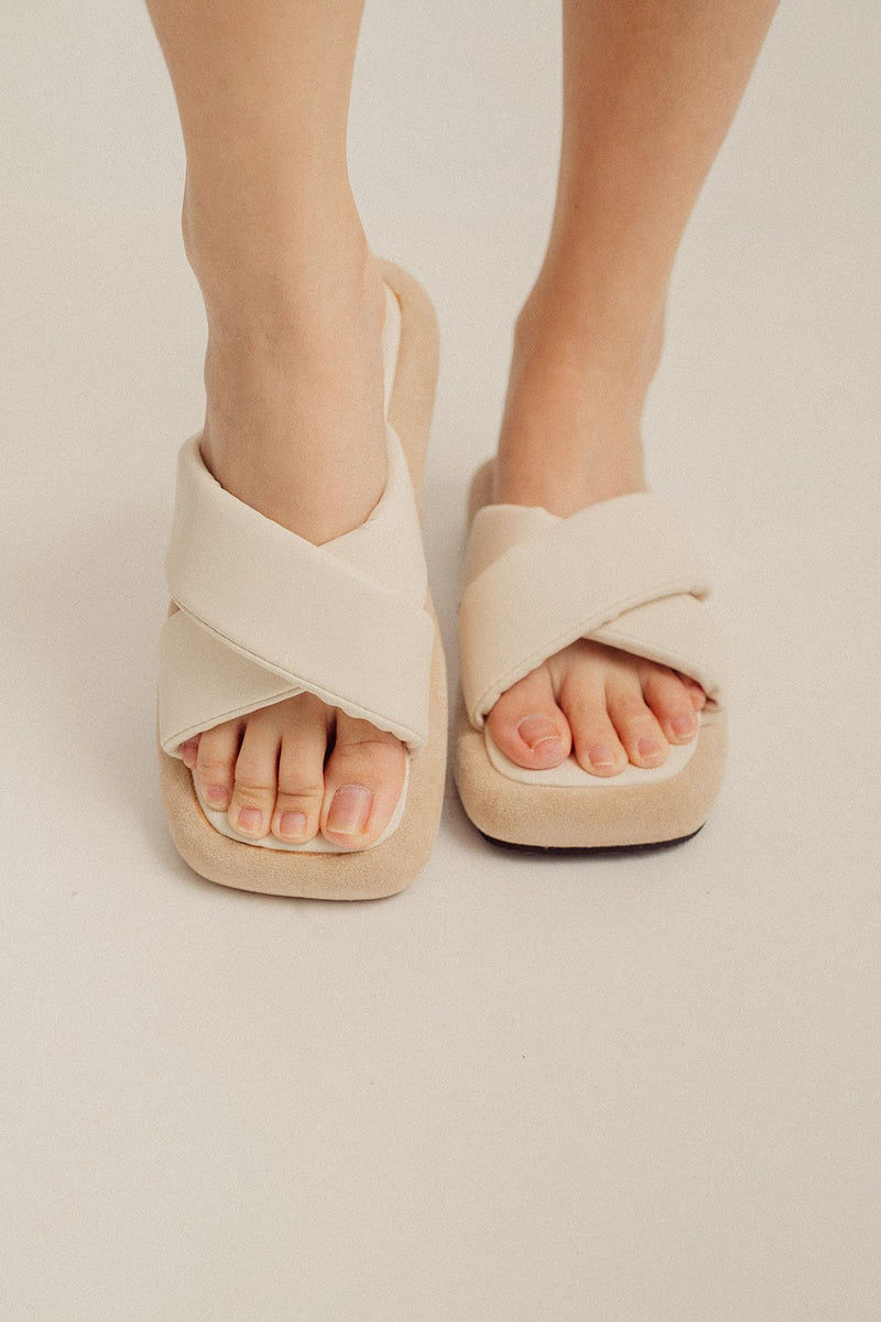 Cream Wide Criss Cross Strap Sandals