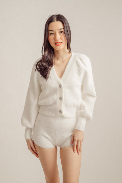 Carlie White Knitted V Neck Buttondown Long Sleeves Cardigan Top