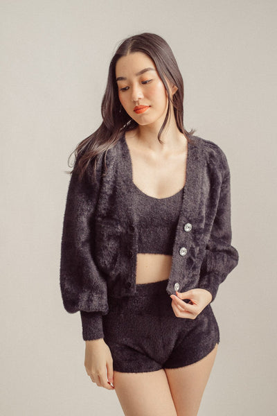 Carlie Black Knitted V Neck Buttondown Long Sleeves Cardigan Top