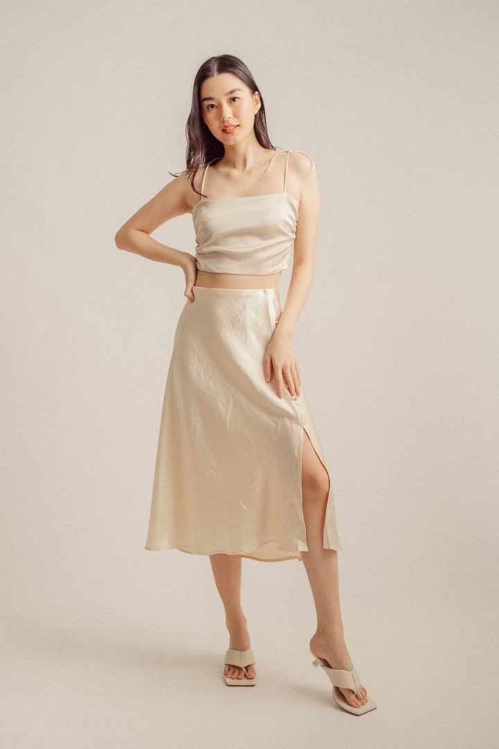 Ainsley Cream Silk Side Buttons Midi Skirt