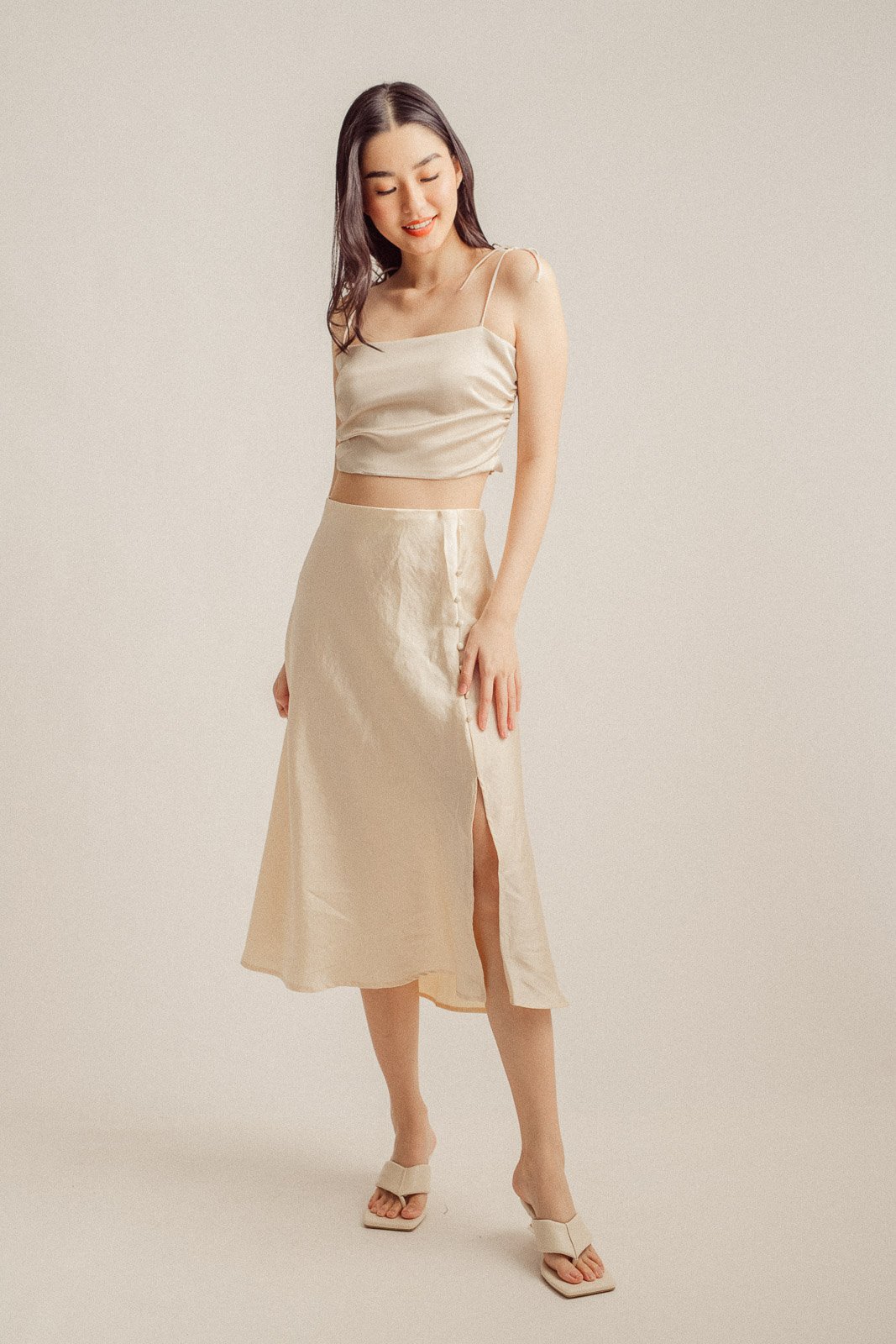 Ainsley Cream Silk Side Buttons Midi Skirt