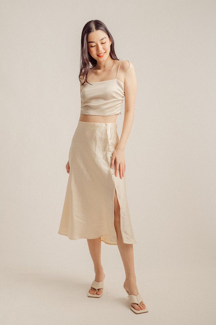 Ainsley Cream Silk Side Buttons Midi Skirt